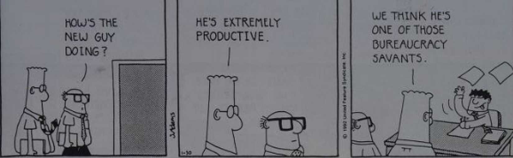 A bureaucratic savant joins Dilbert's office