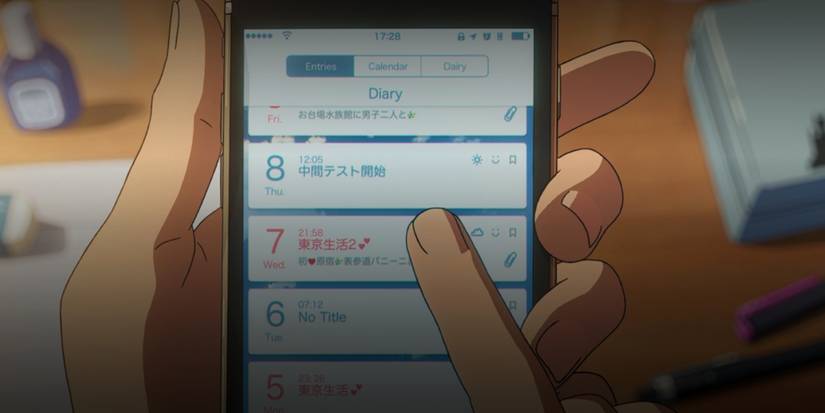 A character is scrolling through a phone in Your Name
