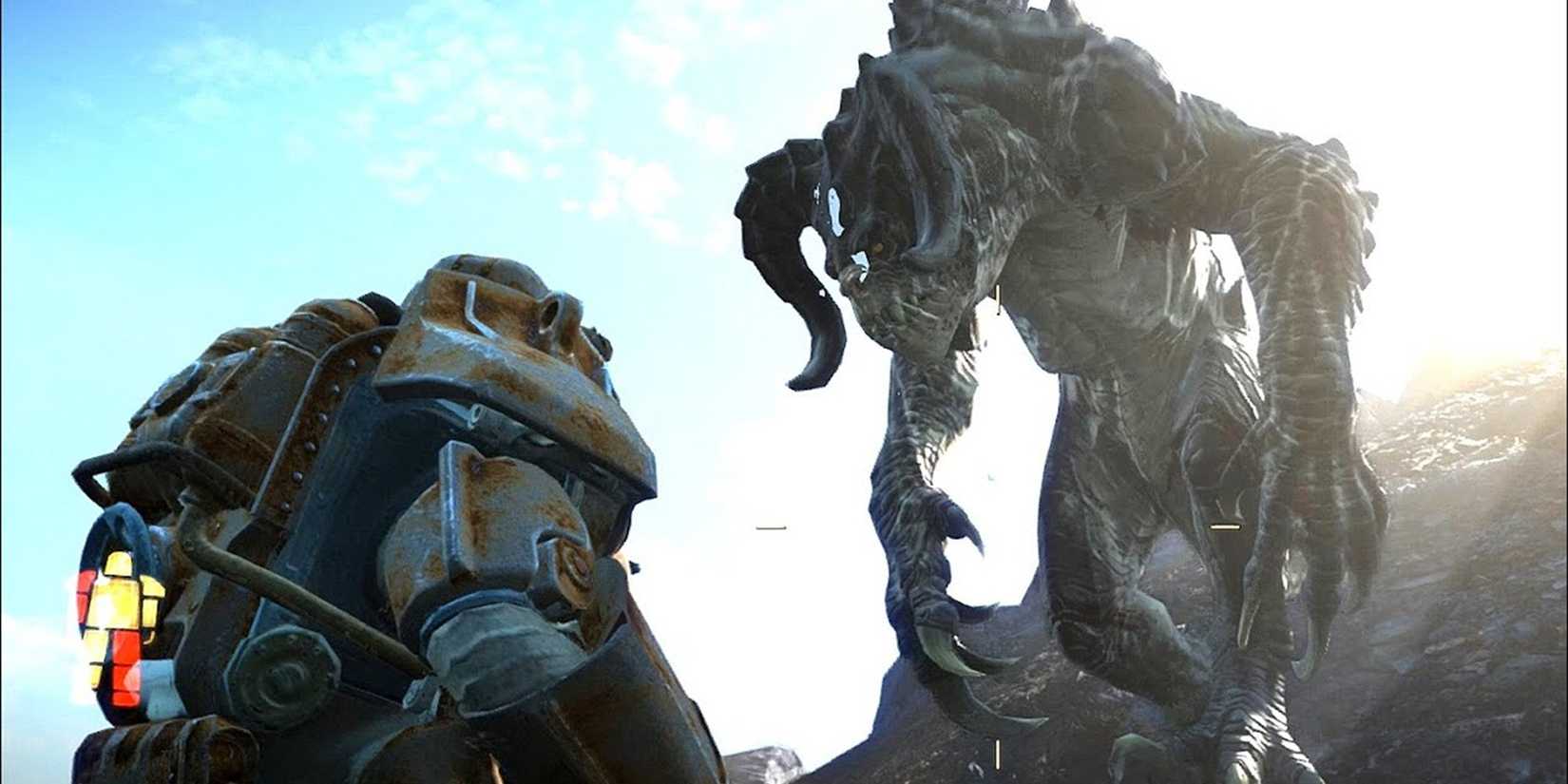 A Deathclaw takes on a power-armored player in Fallout 4