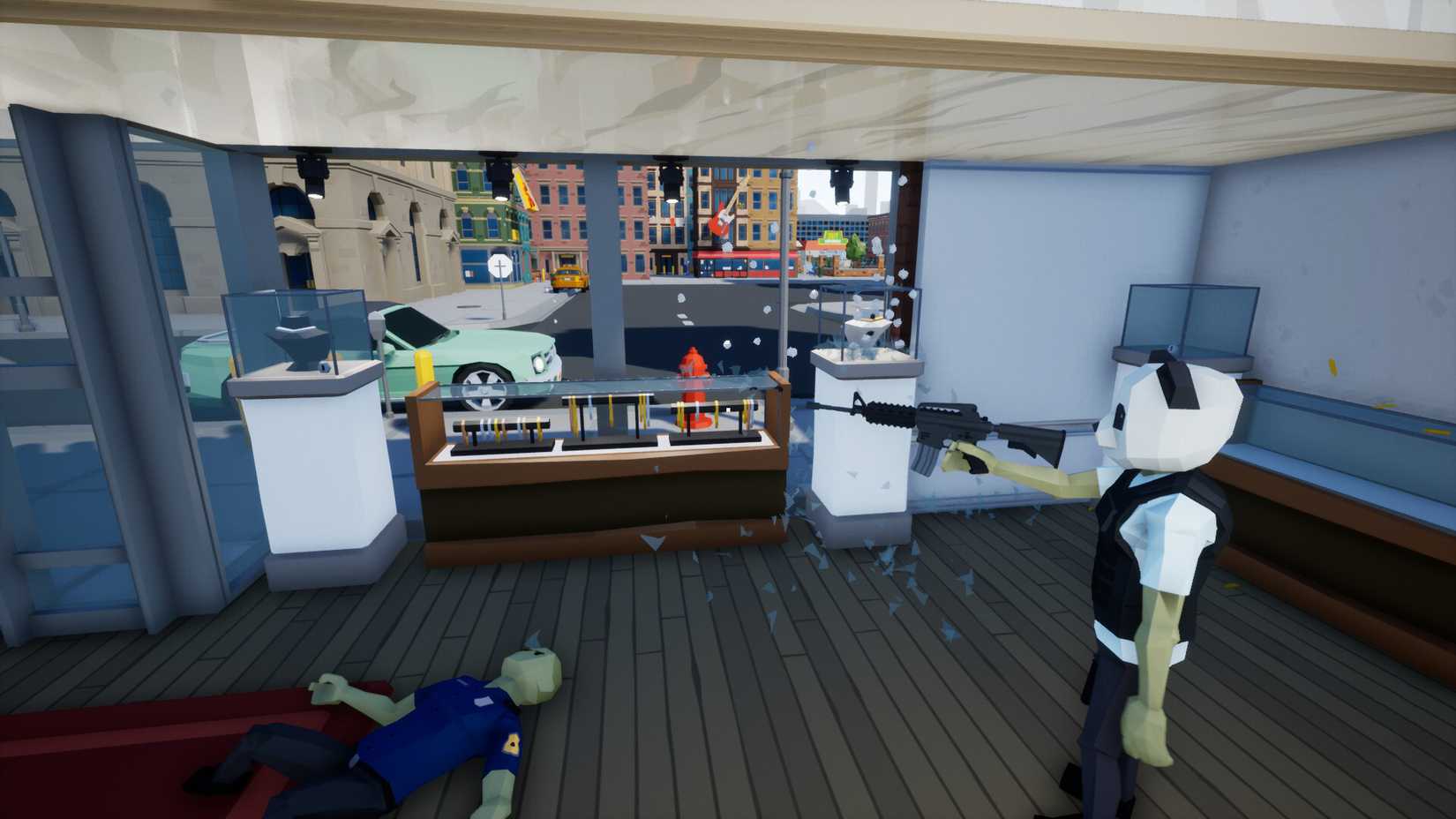 A player character in a panda mask holding a rifle and robbing a jewelry store in One-armed Robber.