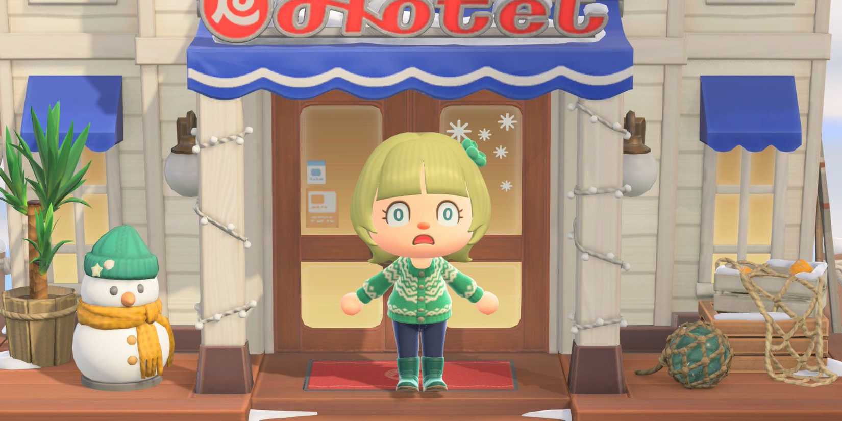 A player character looking shocked on the front step of the hotel in Animal Crossing New Horizons