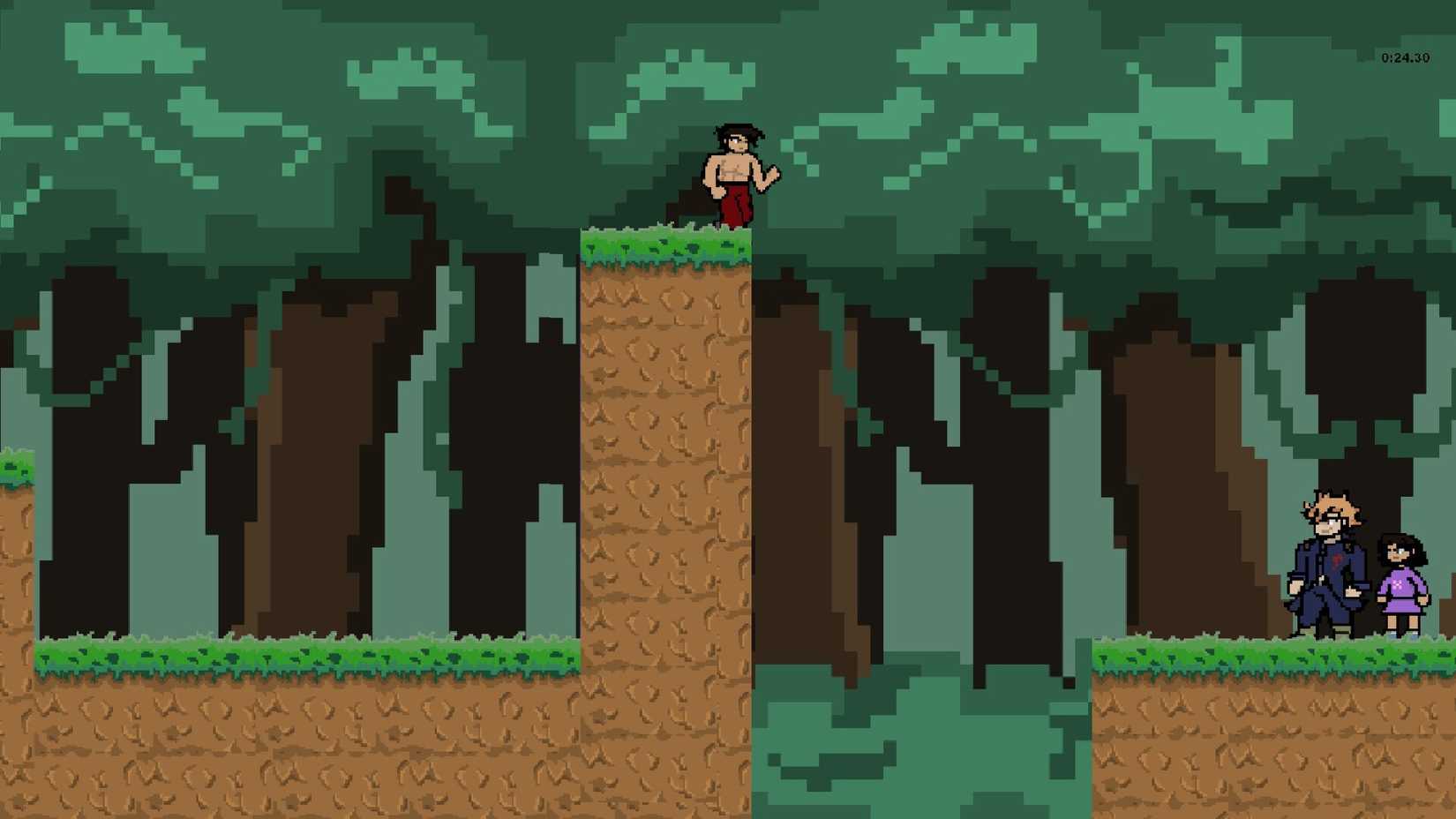 Ablossomreddish screenshot showing the main character looking down at two others from a tall platform.