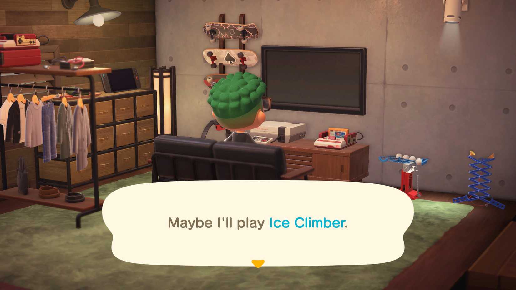 Animal Crossing character using an NES saying, "Maybe I'll play Ice Climber."
