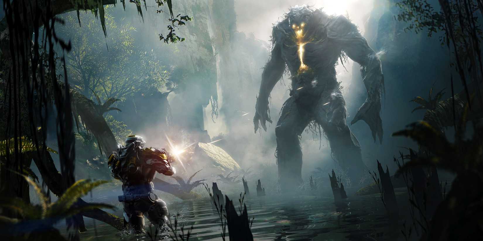 Anthem character fighting a big bipedal monster in a swamp.