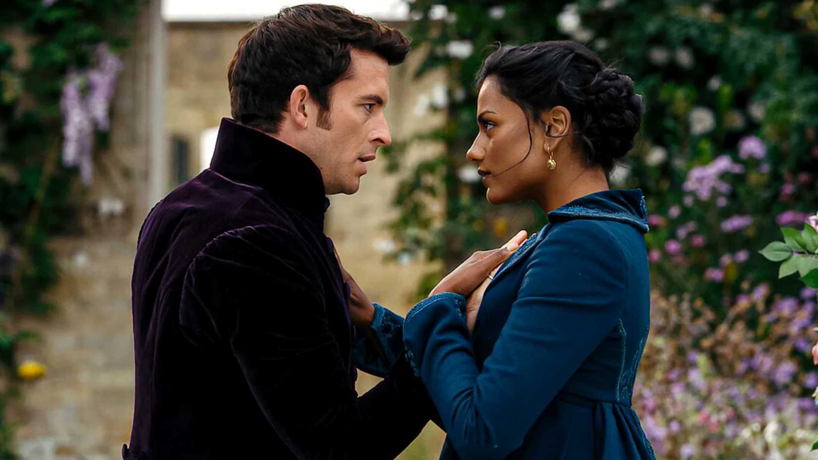 Anthony and Kate touching each other's chests in Bridgerton