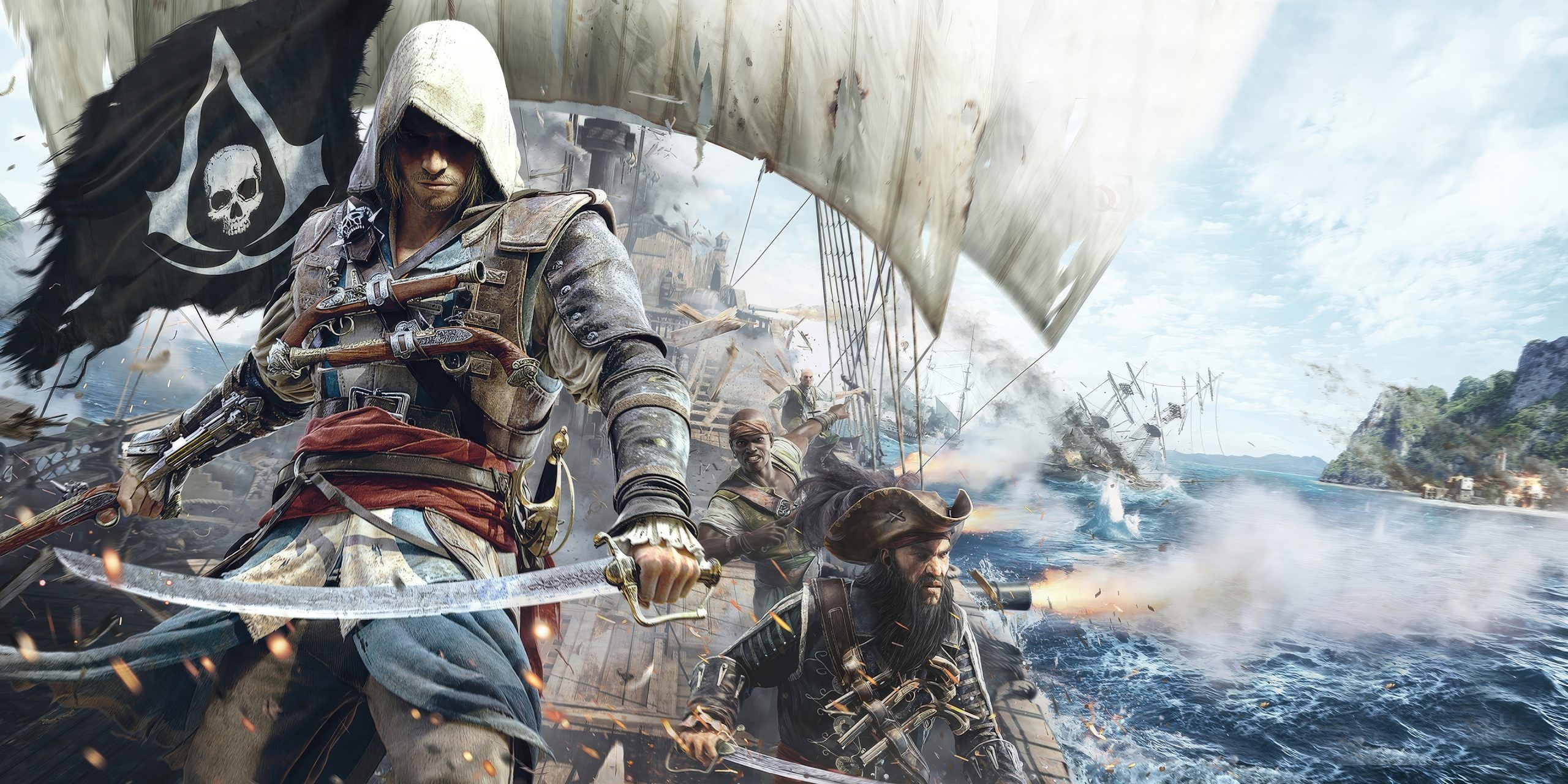 Assassin's Creed 4 Black Flag characters Edward Kenway, Black Beard, and Adewale on a ship.