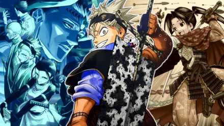 Asta from Black Clover in front of illustrations of The Elusive Samurai and Jujutsu Kaisen Modulo