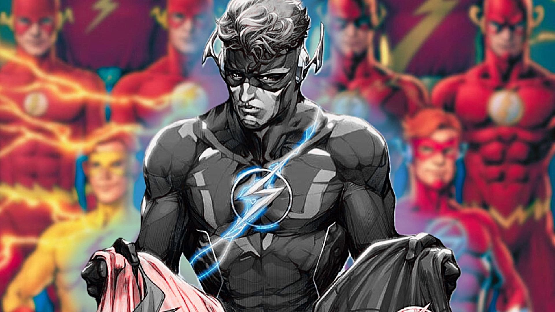 Wally West Flash lookling sad with blurred flashes in background 