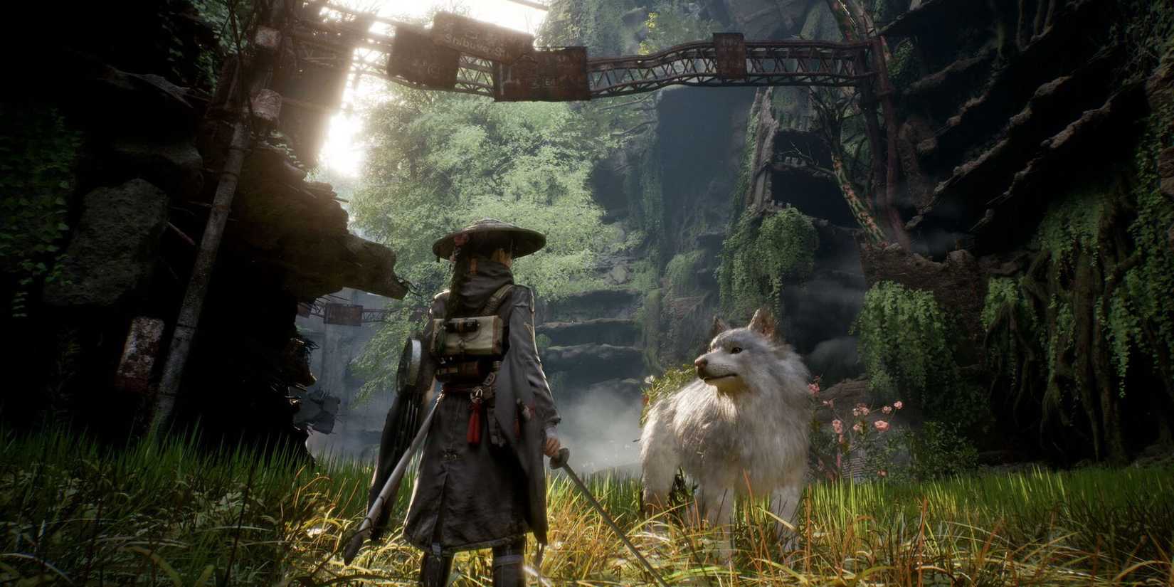 Beast of Reincarnation protagonist Emma and her white wolf Koo standing in tall grass in front of some collapsed infrastructure.