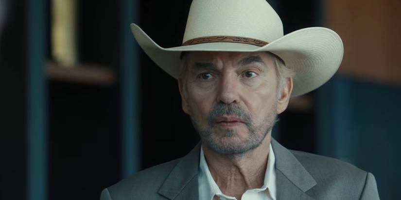 Billy Bob Thornton as Tommy Norris looking at Gallino in Landman season 2 Episode 10