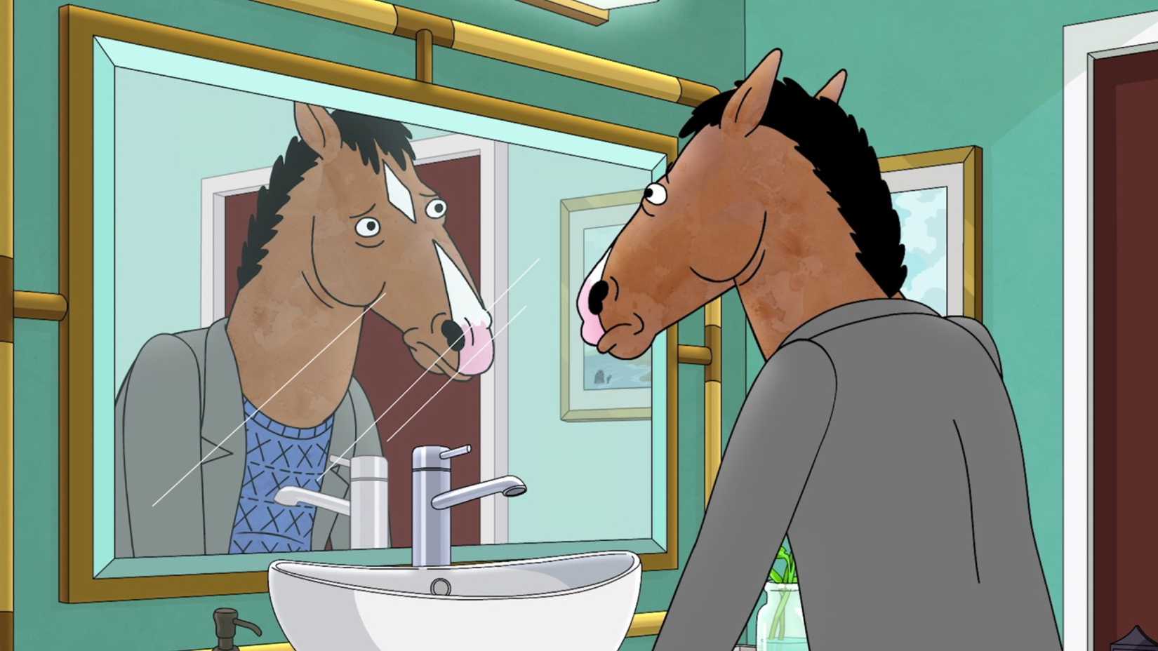 Will Arnett como Bojack Horseman se olha no espelho.