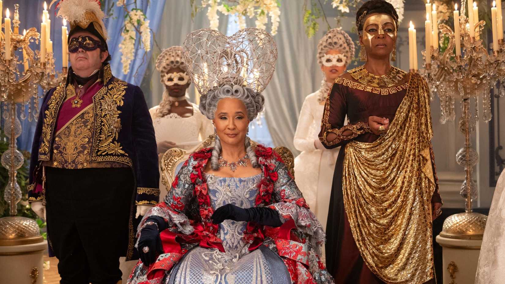 Brimsley (Hugh Sachs), Queen Charlotte (Golda Rosheuvel), and Lady Agatha Danbury (Adjoa Andoh) in Bridgerton season 4.