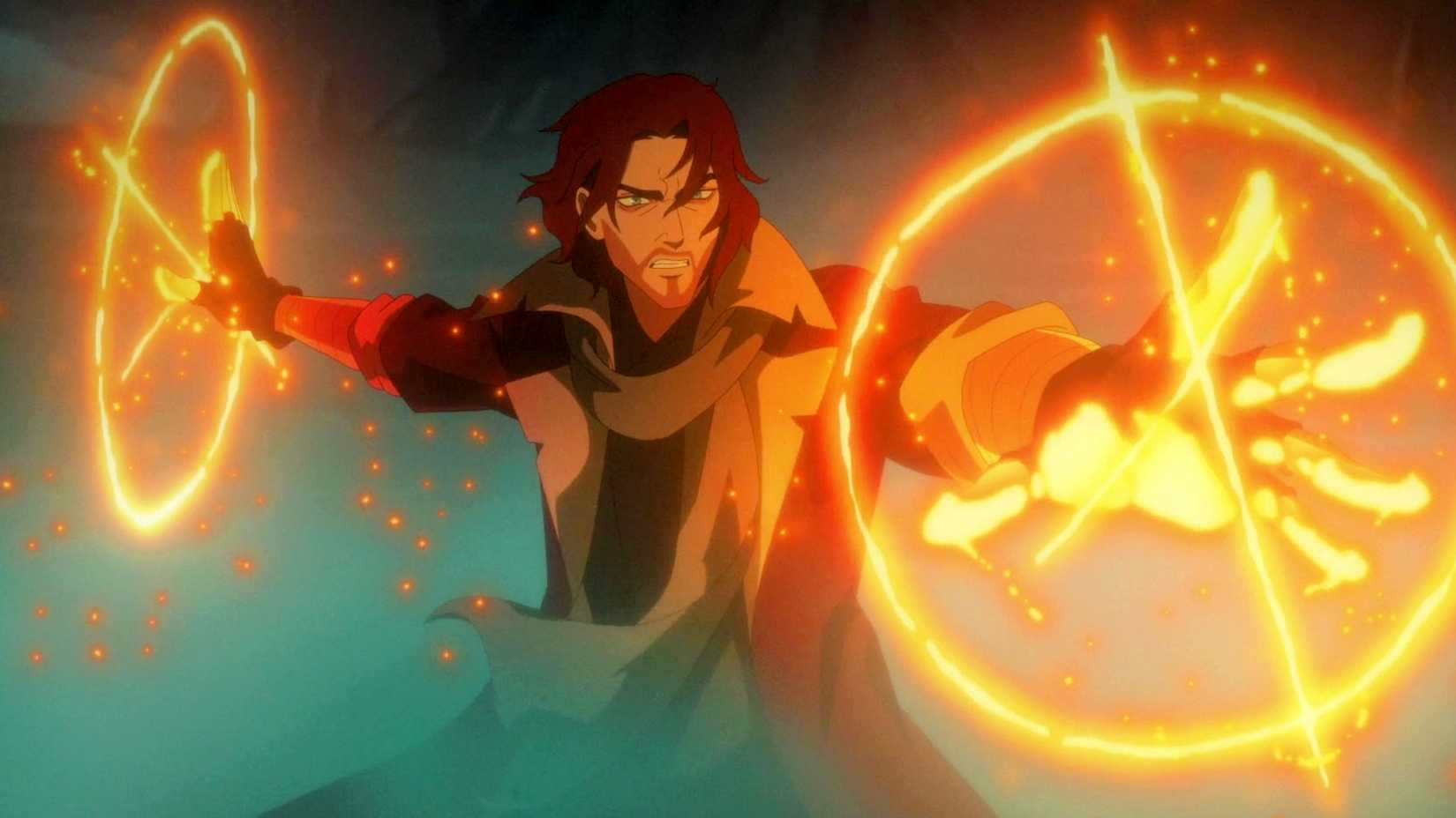 Caleb usando magia de fogo em The Mighty Nein