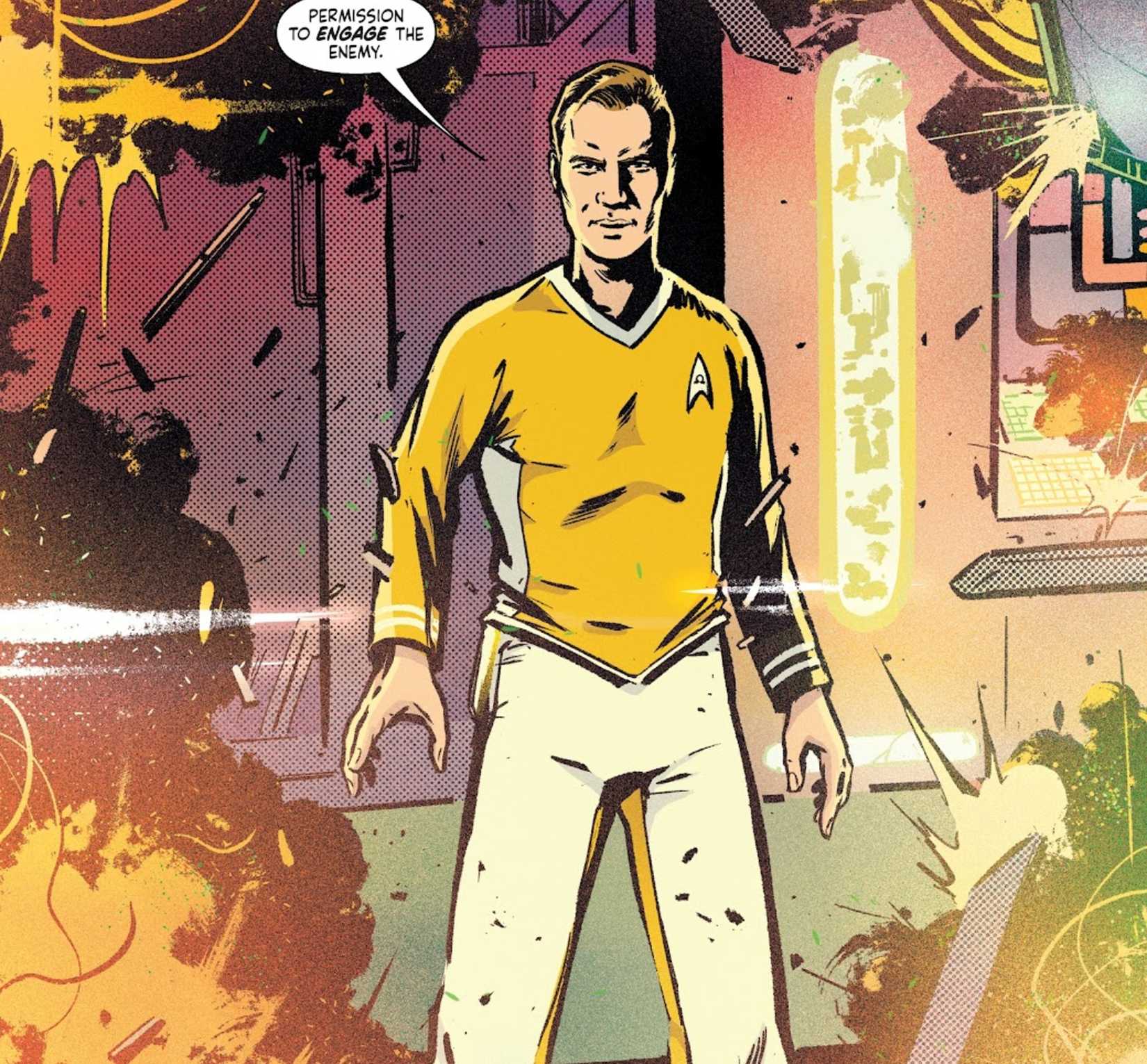 الكابتن كيرك يرتدي زي ستارفليت الأصفر في ستار فايتر الأخير من ستار تريك