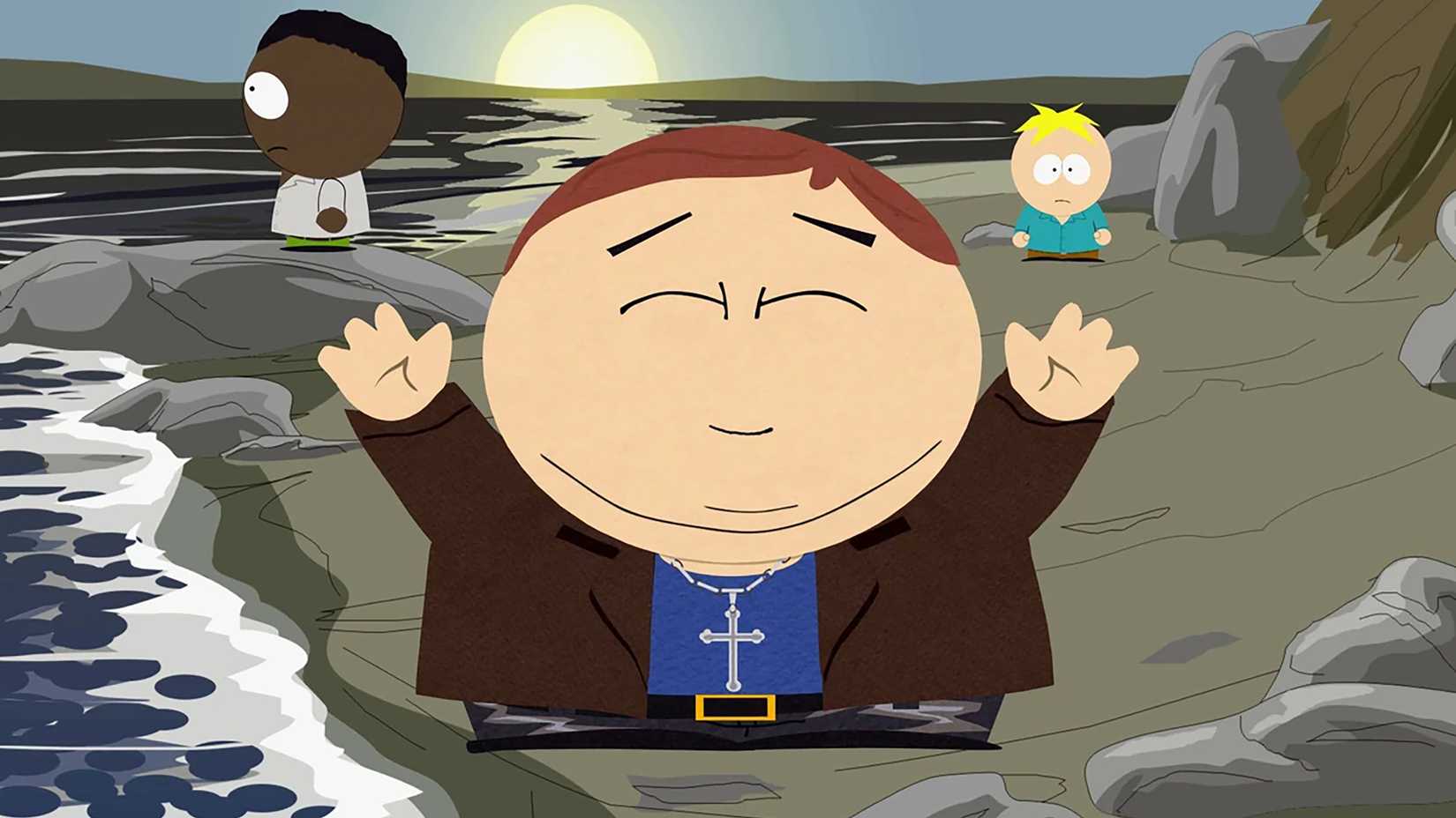 Cartman holding his hands up with Token and Butters in the background in South Park