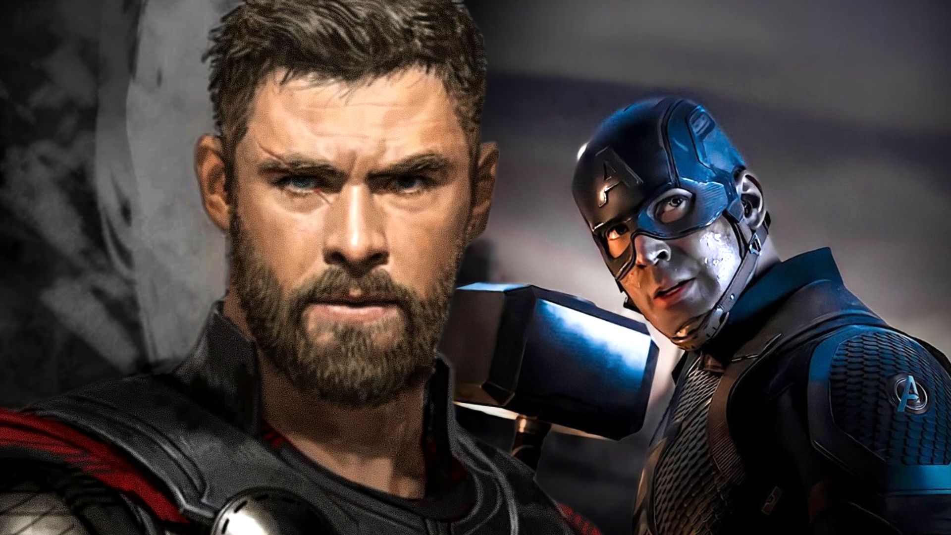 Chris Evans' Captain America wields Mjolnir behind Chris Hemsworth's short-haired Thor