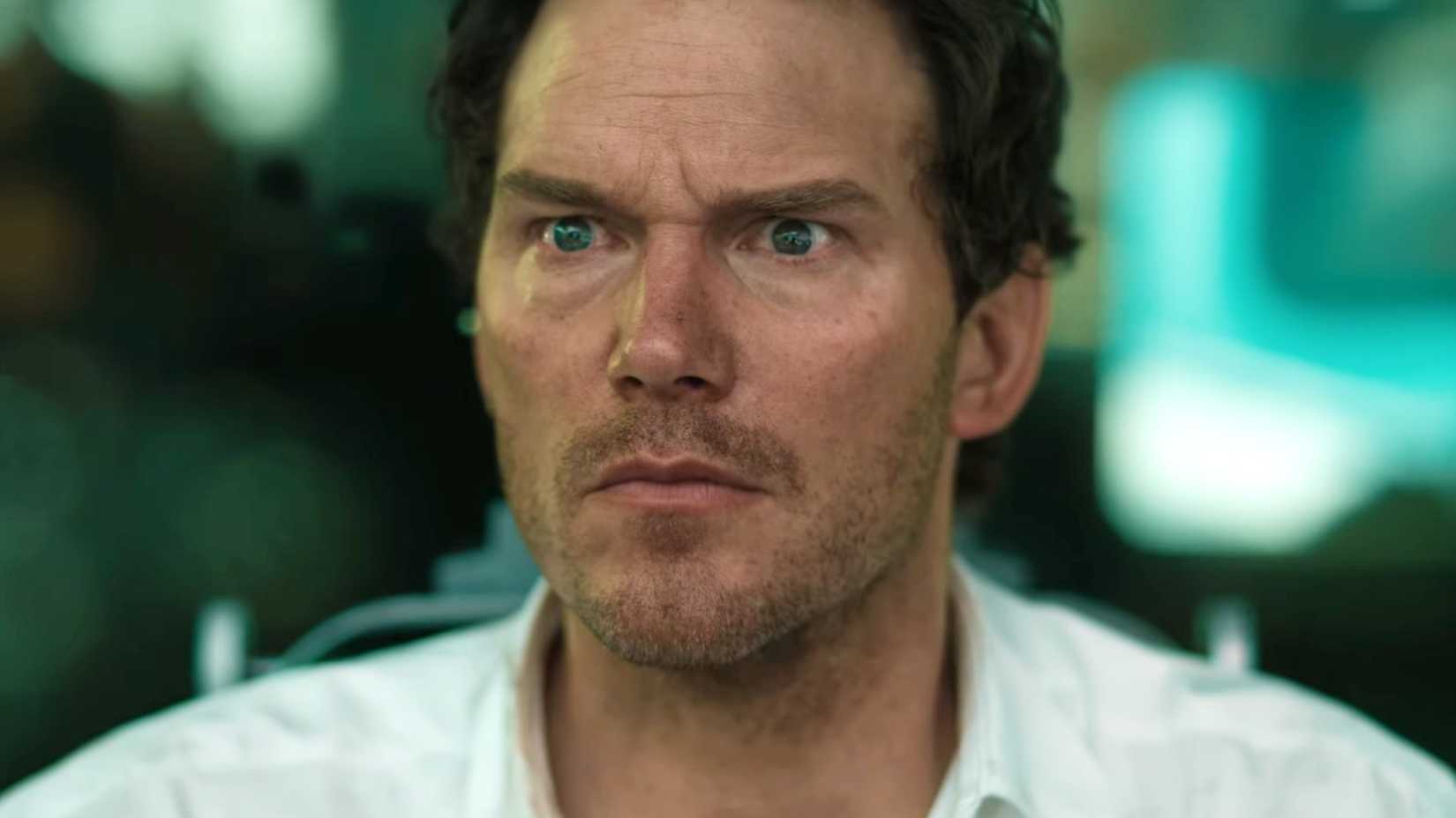 Chris Pratt is emotional as he looks at the evidence file in Mercy