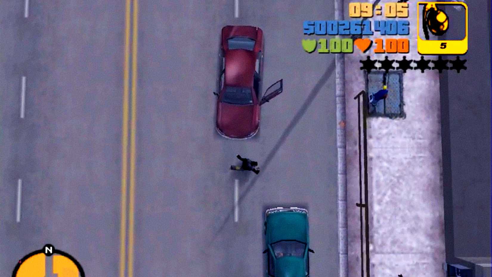 Claude walks towards a car in GTA 3's top down view