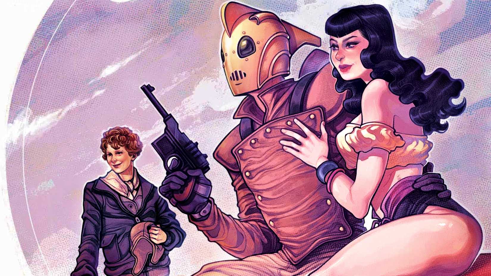 Cliff Secord is accompanied by Betty and Amelia Earhart in The Rocketeer The Island #1 cover