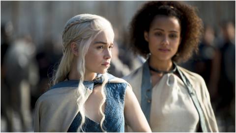 Daenerys Targaryen (Emilia Clarke) and Missandei (Nathalie Emmanuel) looking quizzical in Game of Thrones