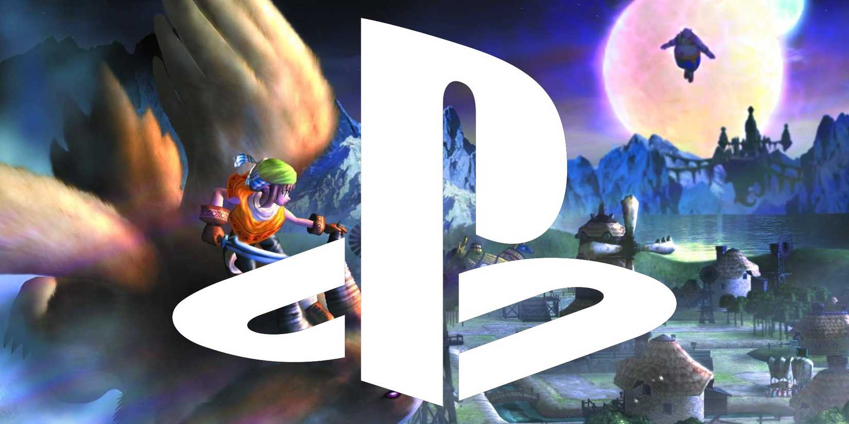 Dark Cloud-Artwork mit einem weißen PlayStation-Logo in der Mitte
