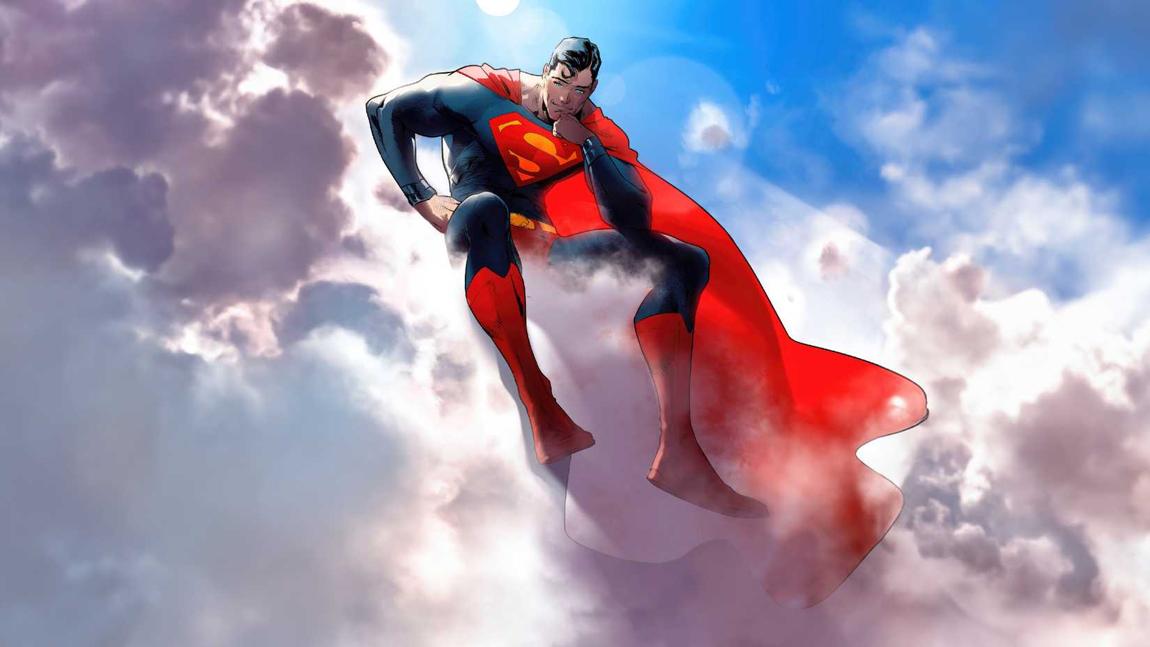 DC Comics' Superman sits on a cloud on a sunny day