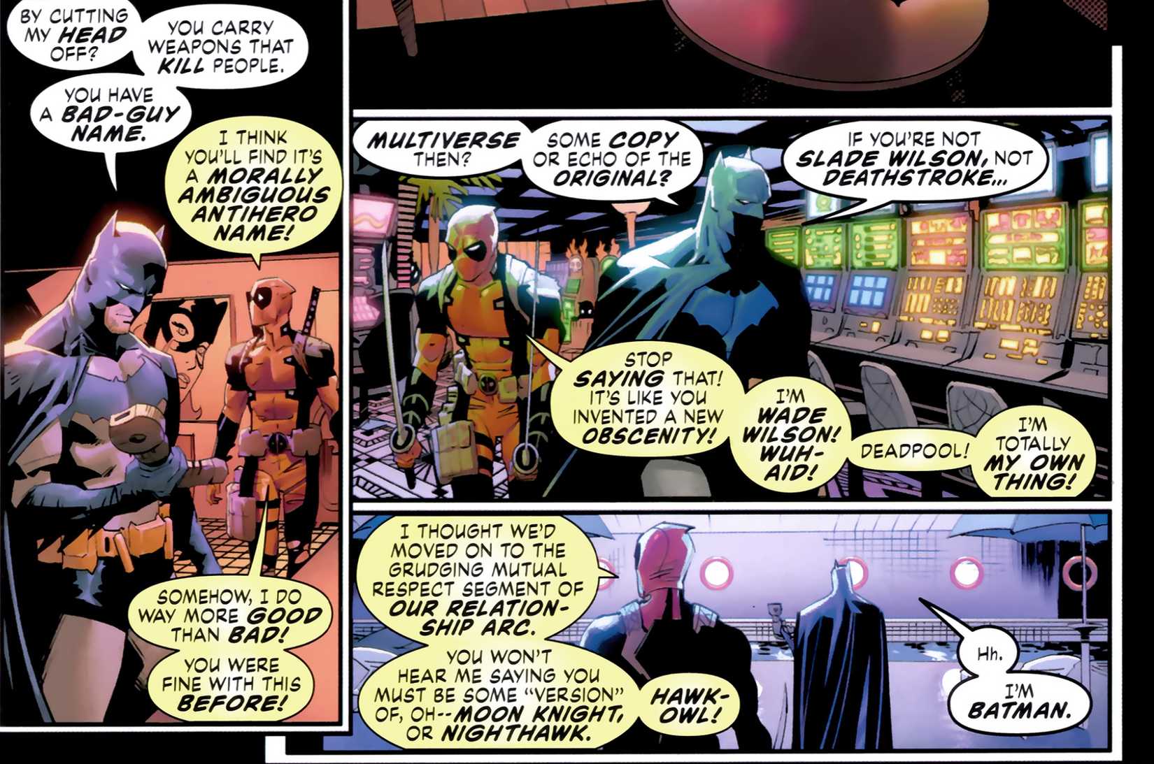 Deadpool and Batman Arguing About Names in DC:Marvel Crossover