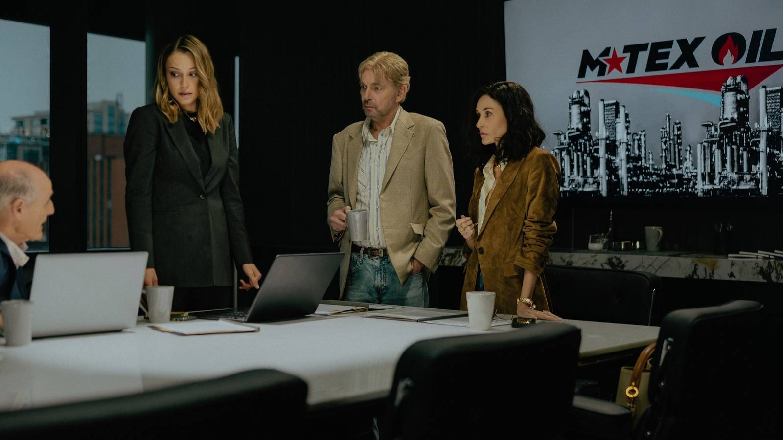 Colm Feore as Nathan, Kayla Wallace as Rebecca, Billy Bob Thornton as Tommy, and Demi Moore as Cami Miller have a meeting in the M-Tex office. 
