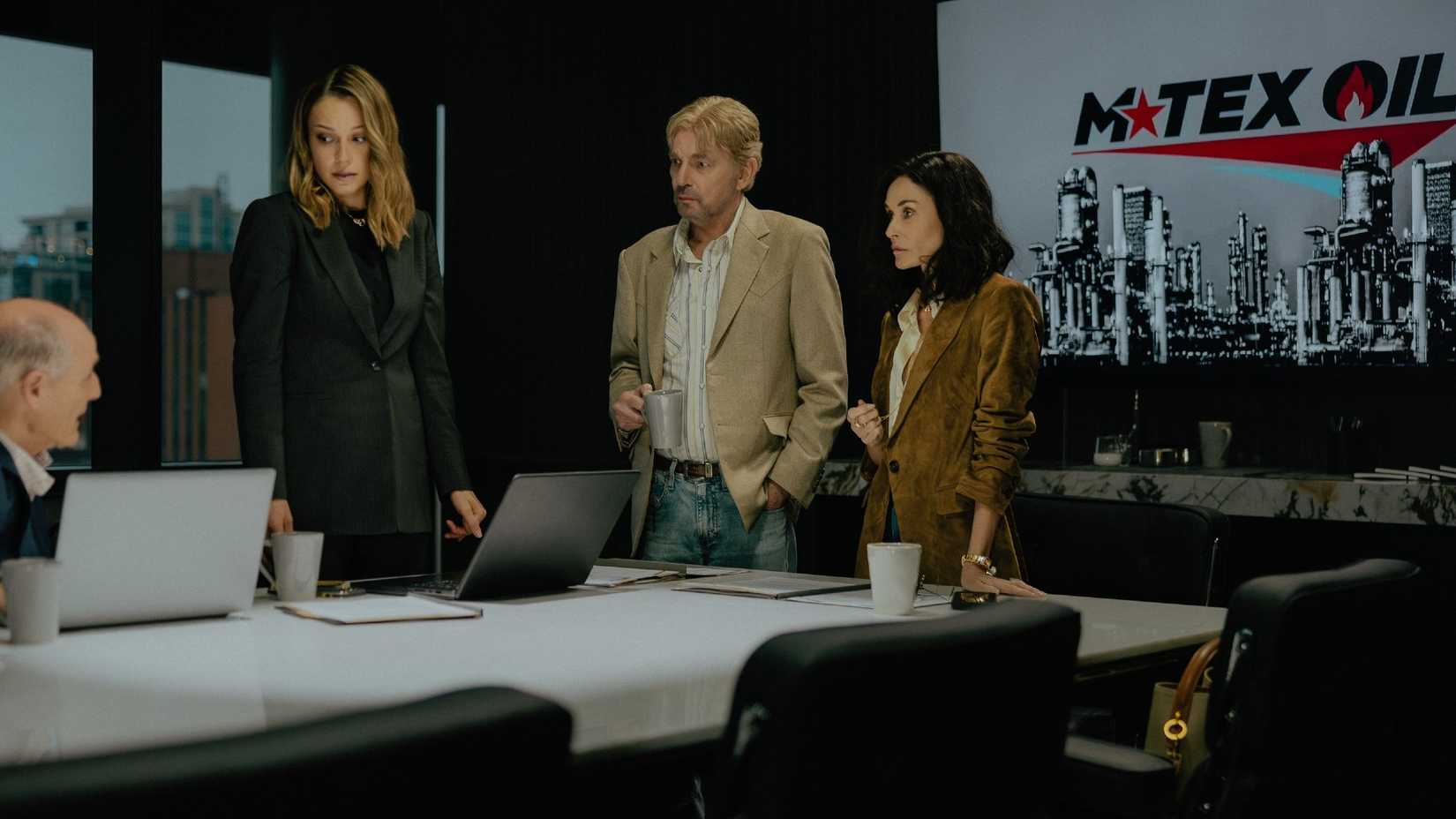 Colm Feore as Nathan, Kayla Wallace as Rebecca, Billy Bob Thornton as Tommy, and Demi Moore as Cami Miller have a meeting in the M-Tex office.