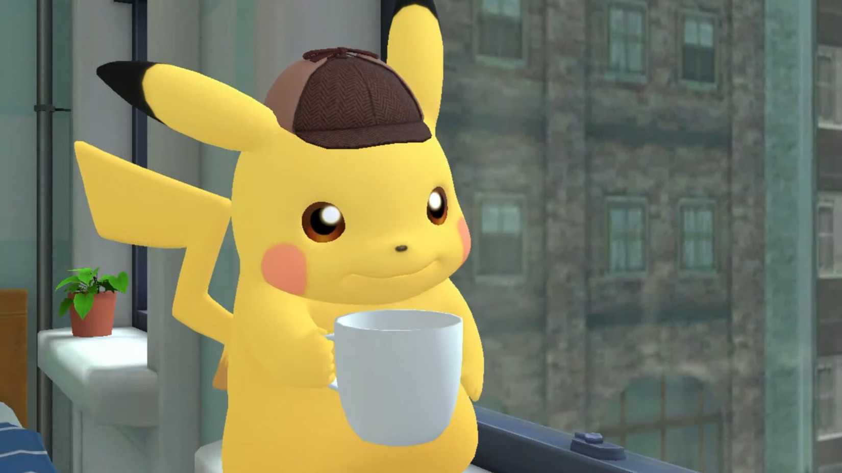 Detective Pikachu Returns screenshot of pikachu drinking next to a window