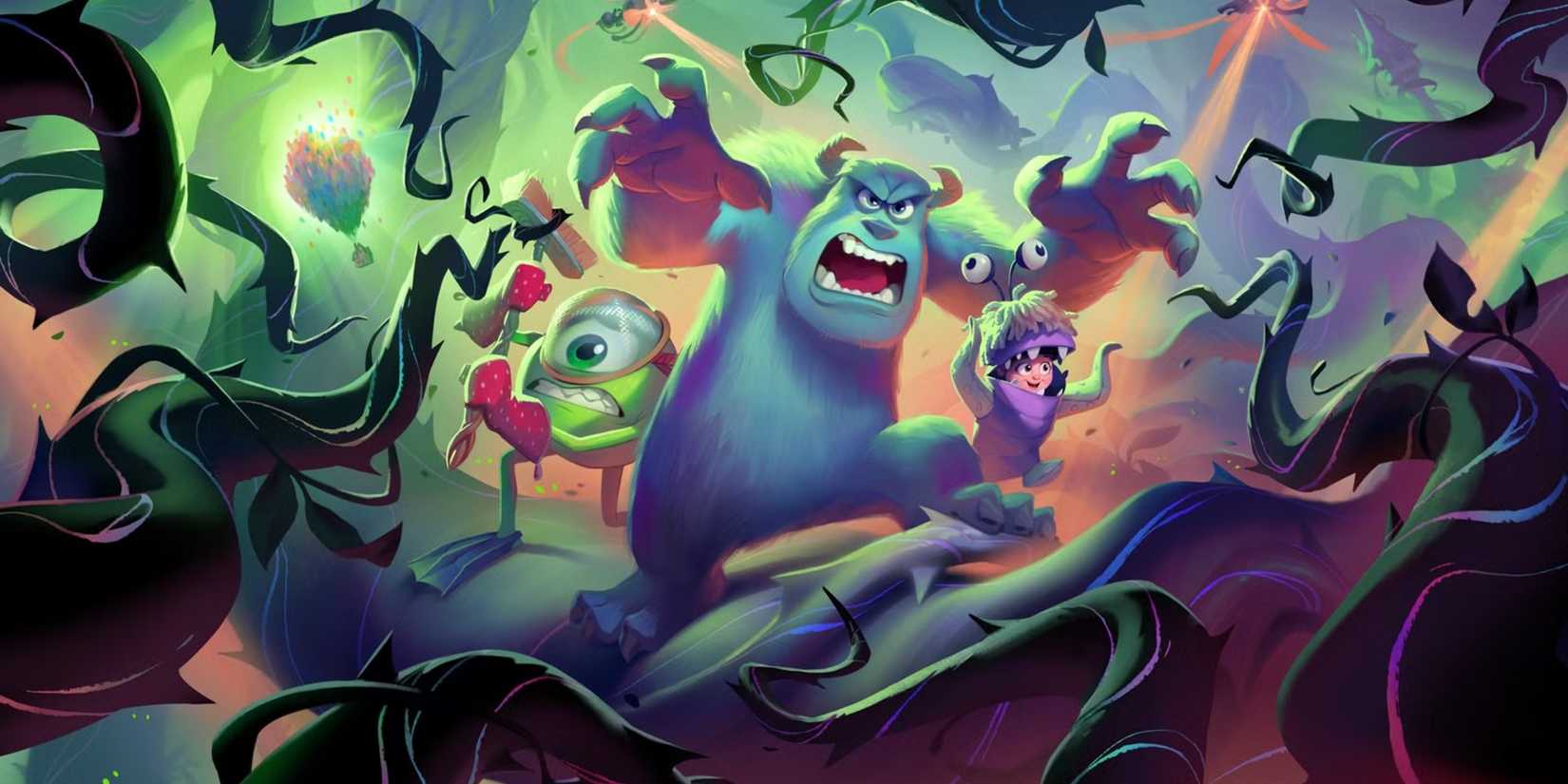 Disney Lorcana Attack of the Vines artwork of Mike, Sully, and Boo