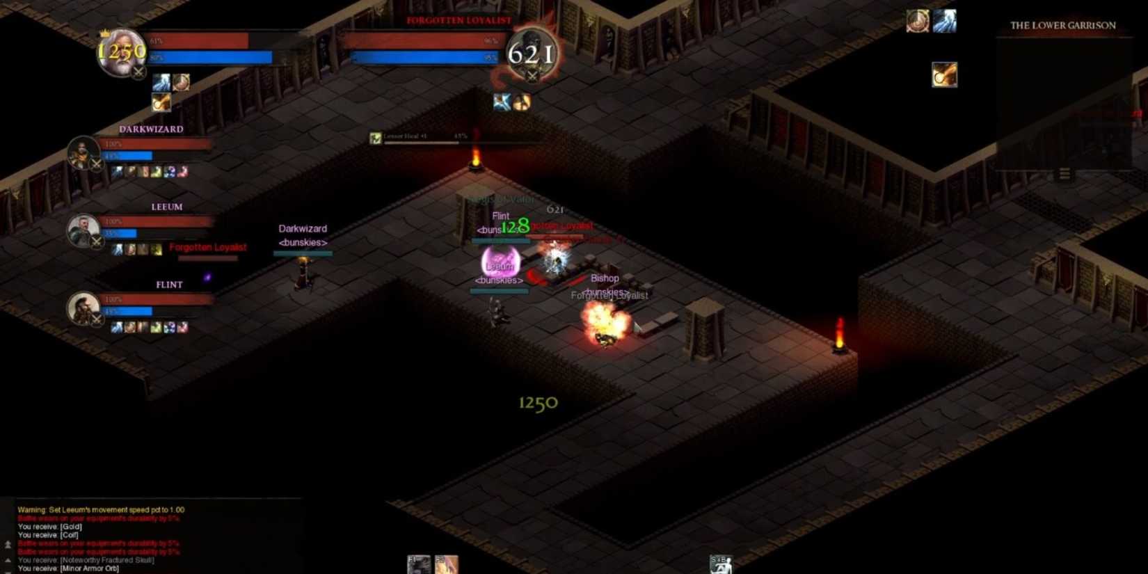 Characters fighting enemies in a dungeon crawl in Dreadmyst.