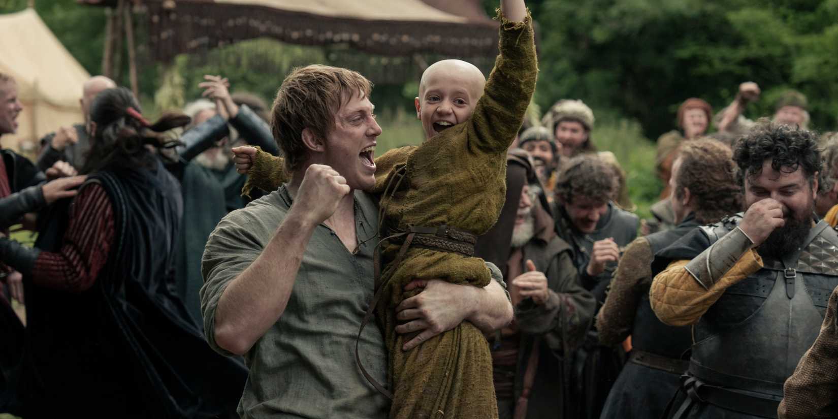 Dunk (Peter Claffey) and Egg (Dexter Sol Ansell) celebrating in A Knight of the Seven Kingdoms