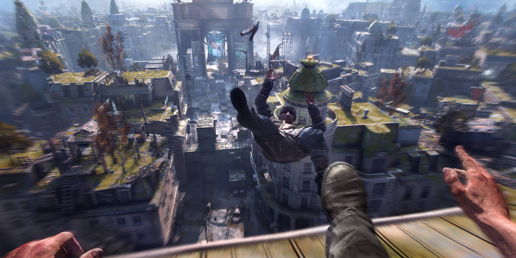 Dying light 2 kicking an enemy off a rooftop-1