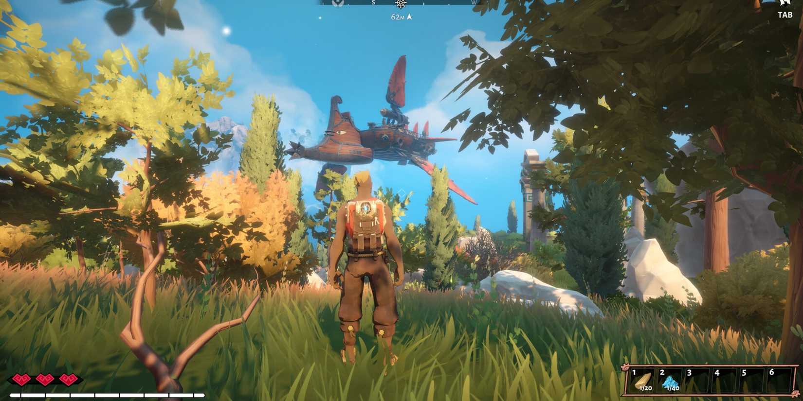 A character explores an island and looks at an airship in Echoes of Elysium.