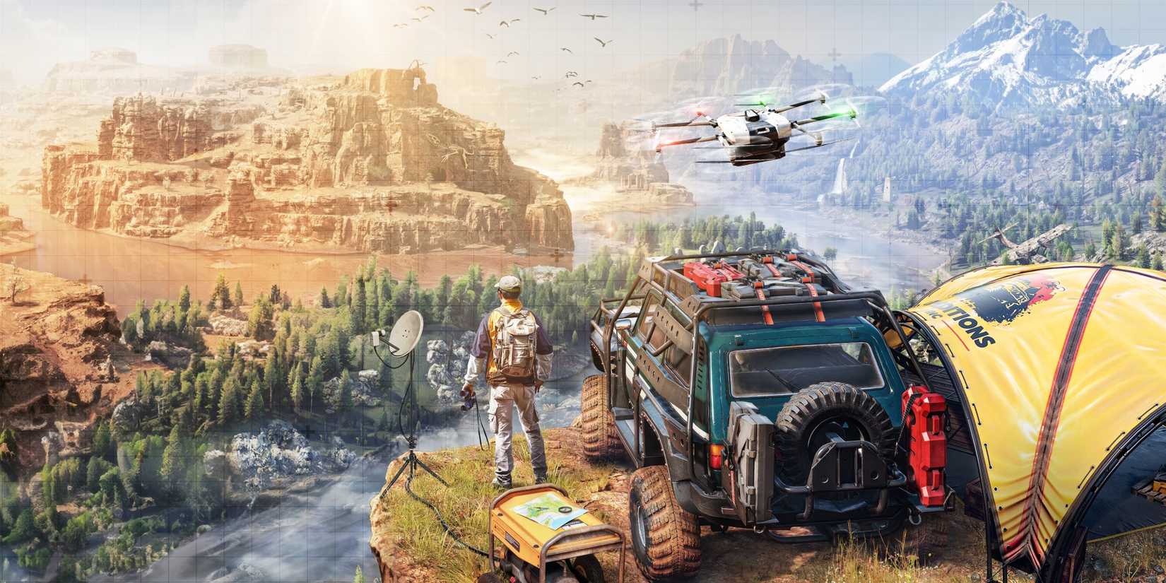 Key Art for Expeditions A MudRunner Game shows a person next to their vehicle and tent overlooking the canyon.