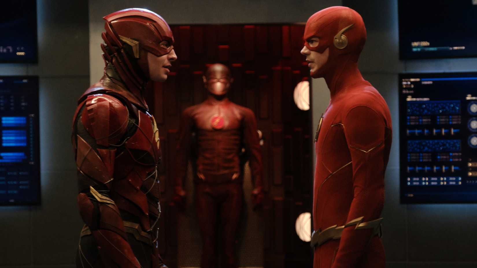 Ezra Miller and Grant Gustin as Barry Allen aka The Flash in Crisis on Infinite Earths