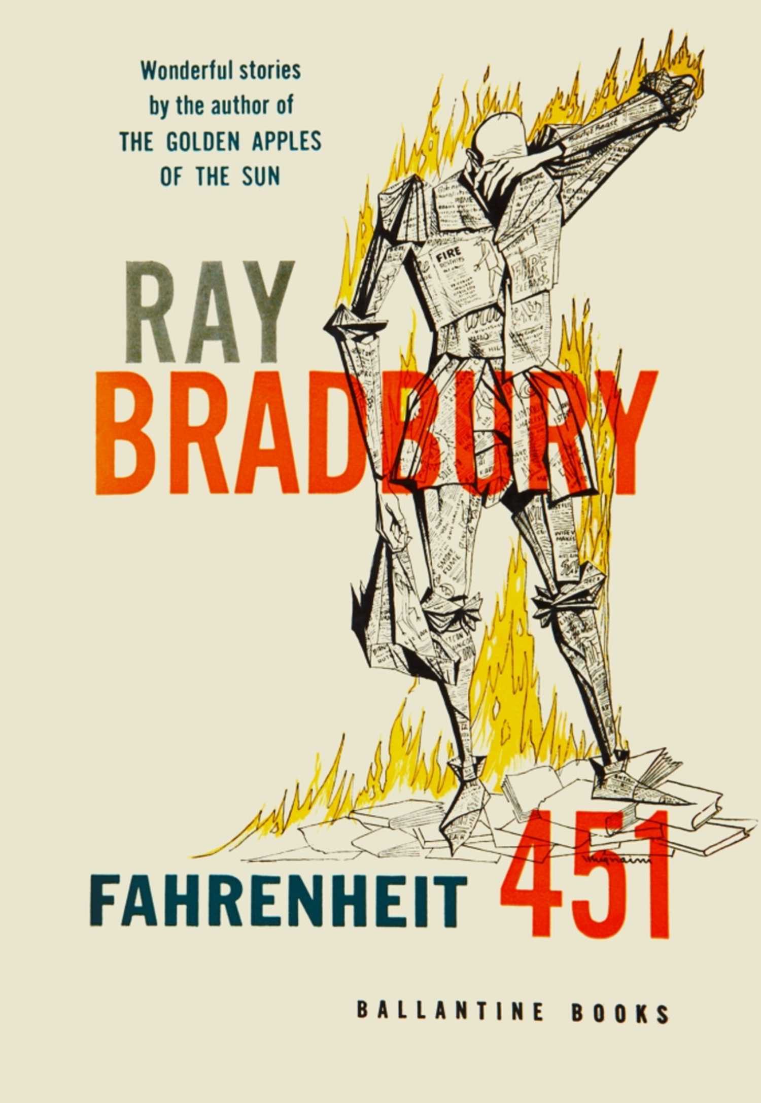 Fahrenheit 451 book cover, a man made of book pages on fire