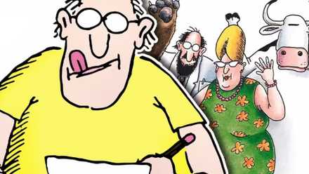 far side's gary larson writing with recurring characters behind him
