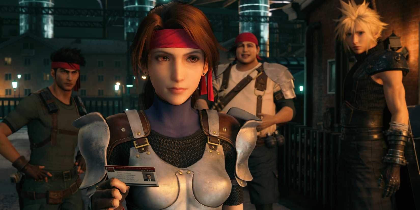 FF7 Remake image of Jessie with Biggs, Wedge, and Cloud in the background