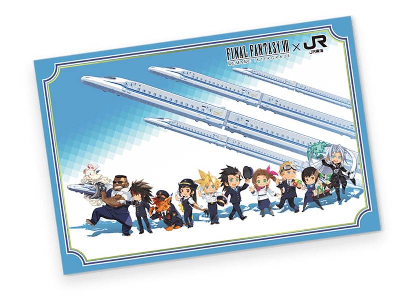 Открытка FF7 Remake с множеством персонажей из игр перед поездами.