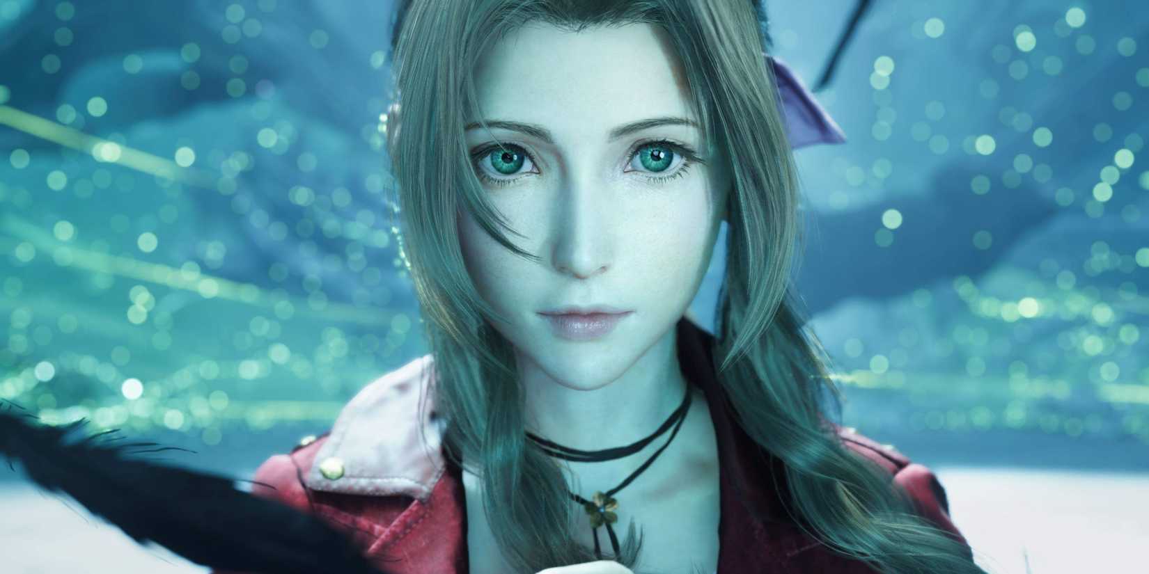 Aerith looks serious as a feather drops near her in Final Fantasy 7 Rebirth.