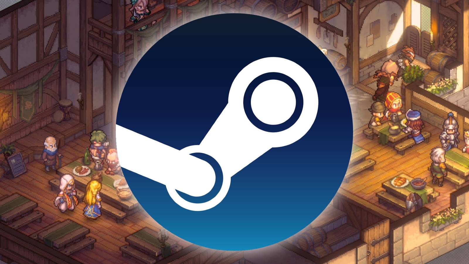 The Steam logo is superimposed over an image of a tavern in Sword of Convallaria.