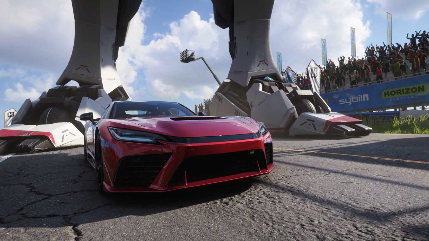 Forza Horizon 6 car with Gundam feet behind it.