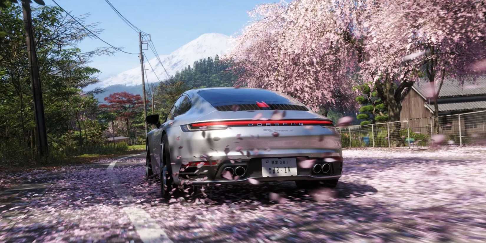 Forza Horizon 6 Porsche driving through cherry blossom leaves