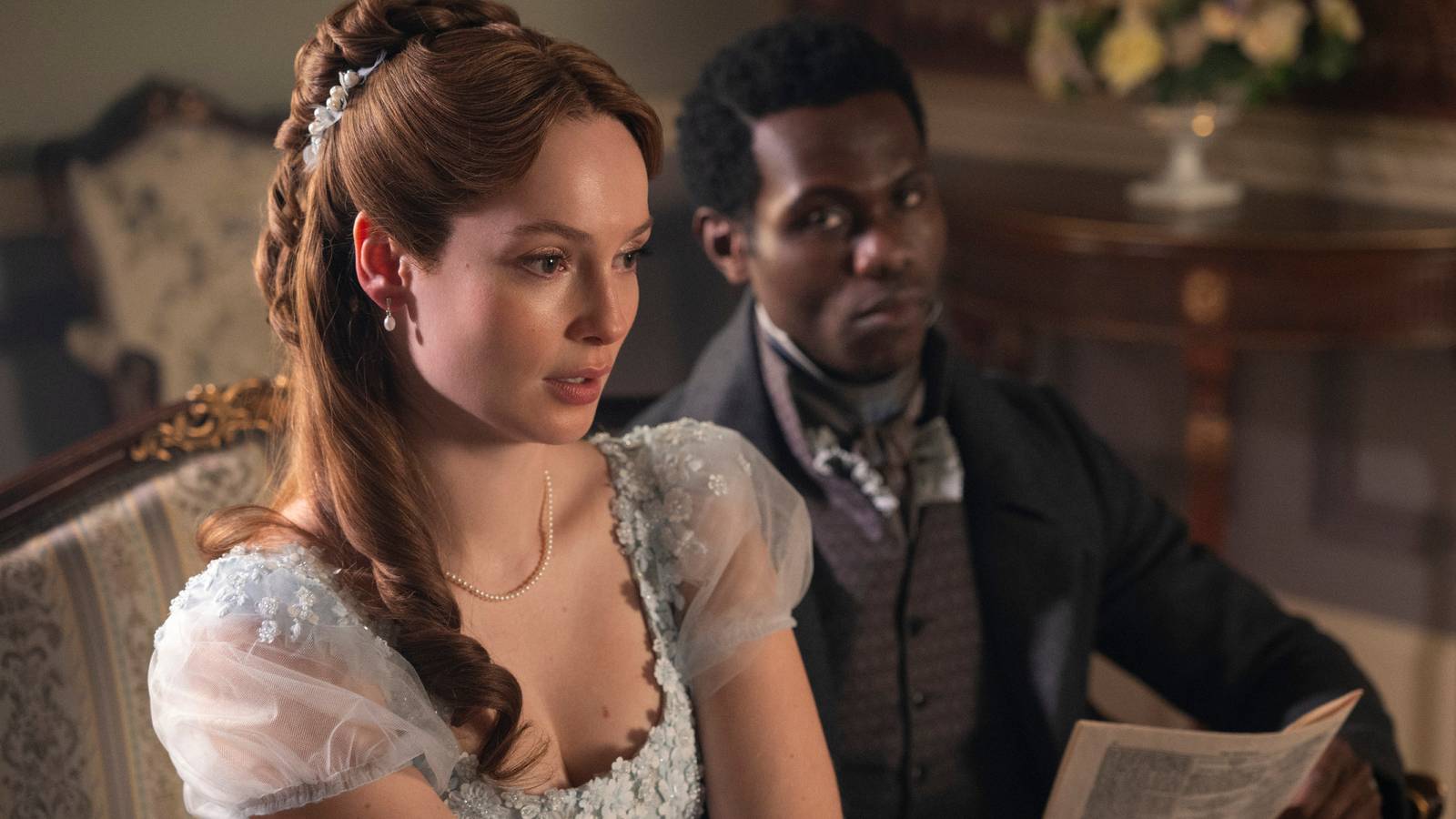 Hannah Dodd and Victor Alli as Francesca Kilmartin and Lord Kilmartin in Bridgerton season 4