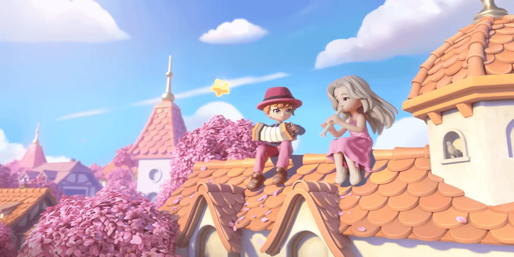 Heartopia trailer characters on a rooftop