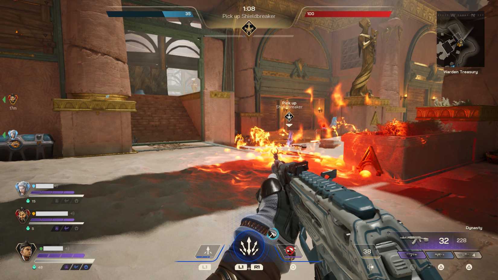 Highguard screenshot showing combat, with fire covering large sections of the ground.