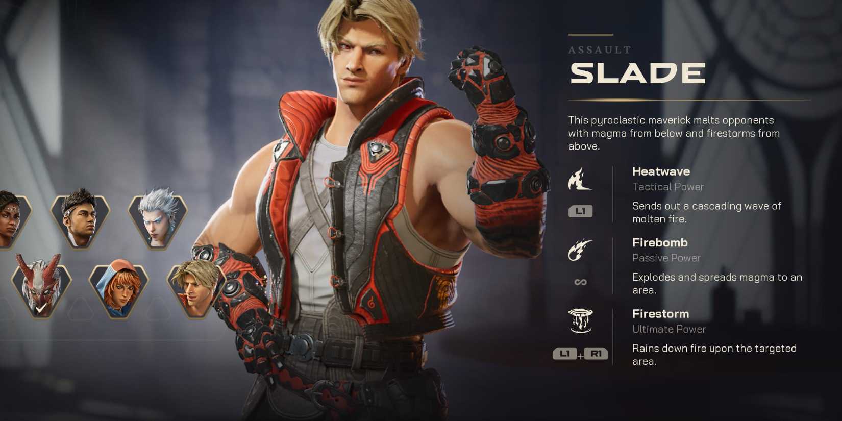 Slades Charakterbildschirm in Highguard zeigt seine Fähigkeiten.