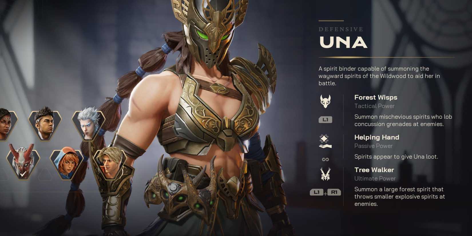 Una's character screen in Highguard, showing her three abilities.